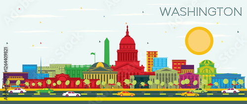 Washington DC USA City Skyline with color Buildings and Blue Sky. Business Travel and Tourism Concept with Historic Buildings. Washington DC Cityscape with Landmarks.