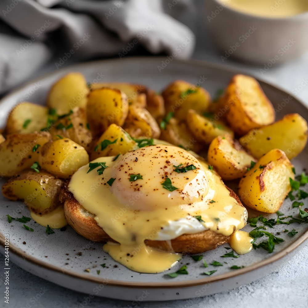 A plate of classic eggs benedict with creamy hollandaise, served alongside crispy golden potatoes A plate of classic eggs benedict with creamy hollandaise, served alongside crispy golden potatoes