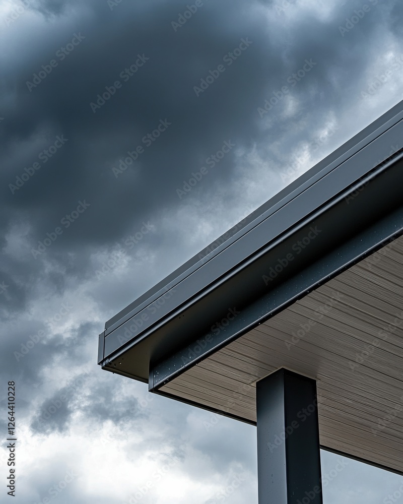 A modern building's roof edge under a dramatic, cloudy sky creates a striking contrast in architecture and nature. A modern building's roof edge under a dramatic, cloudy sky creates a striking contrast in architecture and nature.