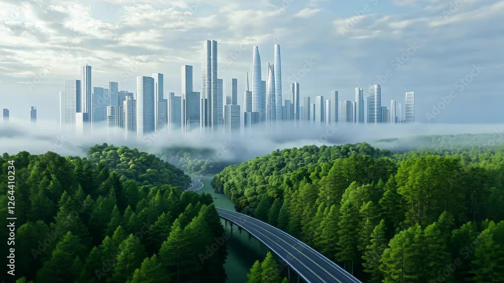 Futuristic Cityscape Amidst Lush Greenery With Towering Skyscrapers And Misty Atmosphere Showcasing Sustainable Urban Development And Modern Architecture In Nature-Inspired Design Futuristic Cityscape Amidst Lush Greenery With Towering Skyscrapers And Misty Atmosphere Showcasing Sustainable Urban Development And Modern Architecture In Nature-Inspired Design