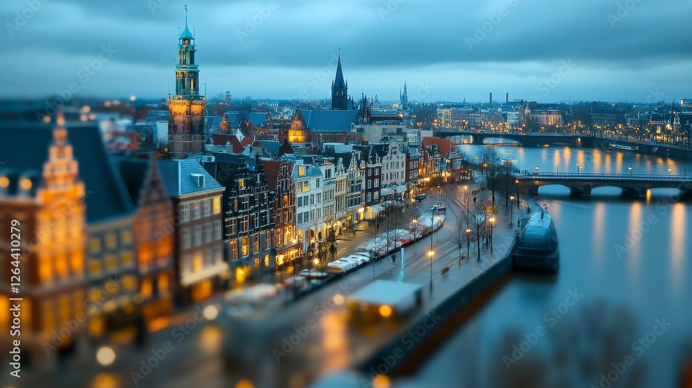 Fototapeta premium Cityscape at Night Featuring Illuminated Buildings along River With Tilt Shift Effect