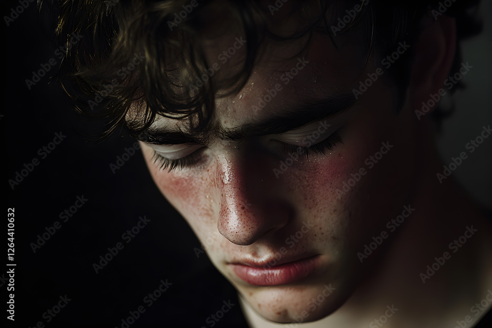 Obraz premium A half-length portrait of a young man consumed by sadness and devastation
