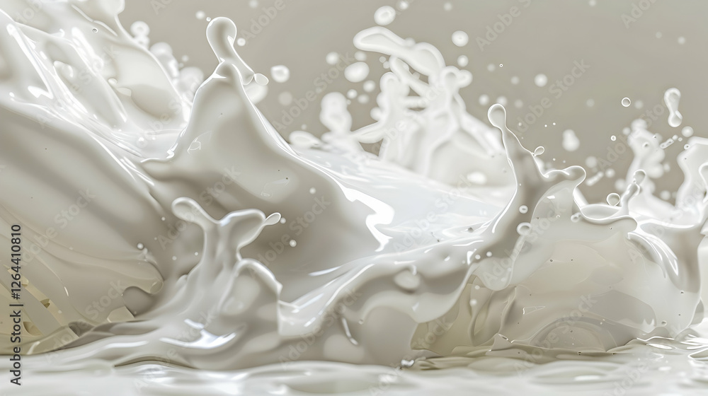 Dynamic splash of white liquid against a neutral background, showcasing motion and fluidity Dynamic splash of white liquid against a neutral background, showcasing motion and fluidity