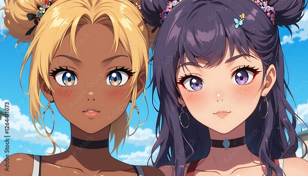 Obraz premium Stunning Anime Girls with Blonde and Purple Hair, Summer Fashion, Close-Up Portrait, Detailed Illustration