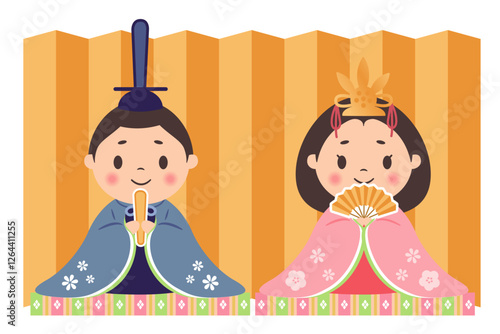 ひな祭り_雛人形_おひなさま（金屏風）殿と姫