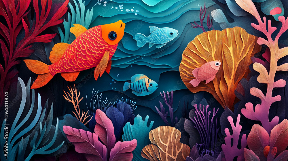 Vibrant Underwater Scene in Paper-Cut Style features various fish, including a bright orange goldfish, swimming among coral reefs and aquatic plants. Vibrant Underwater Scene in Paper-Cut Style features various fish, including a bright orange goldfish, swimming among coral reefs and aquatic plants.