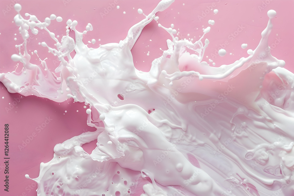 Abstract splash of white liquid on a pink background, creating dynamic shapes and textures Abstract splash of white liquid on a pink background, creating dynamic shapes and textures