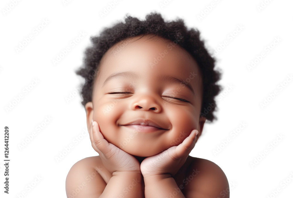 Portrait of a black baby boy with hands on chin. Eyes closed, cute. Isolated on transparent background. Portrait of a black baby boy with hands on chin. Eyes closed, cute. Isolated on transparent background.