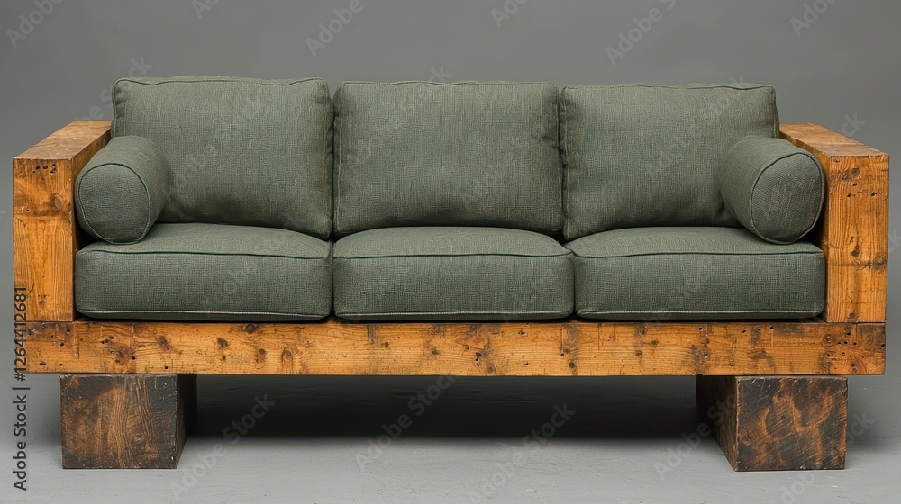 Fototapeta premium Rustic Reclaimed Wood Sofa with Green Upholstery