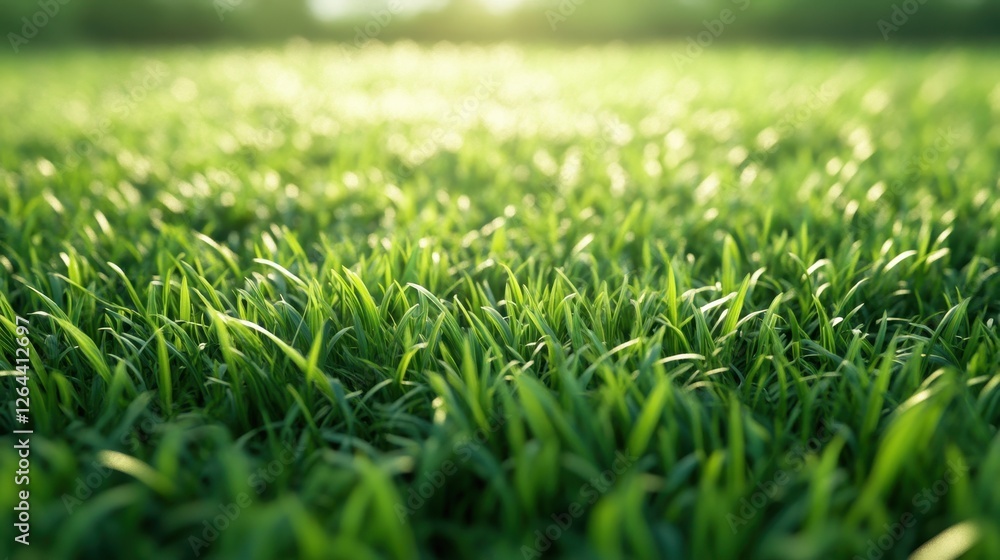 Fototapeta premium Close-up of vibrant green grass blades, sunlit. Perfect for nature, spring, or environmental themes, evokes freshness and growth.