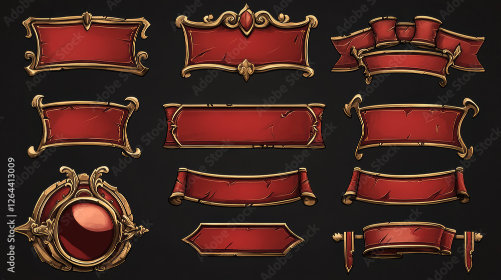 Medieval buttons, ui game menu elements, red oblong banners and gold ornate rims. Empty royal gui bars for rpg or arcade, golden borders, web design interface Cartoon 3d vector illustration, set Medieval buttons, ui game menu elements, red oblong banners and gold ornate rims. Empty royal gui bars for rpg or arcade, golden borders, web design interface Cartoon 3d vector illustration, set