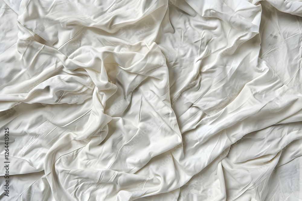 Crumpled white fabric texture showcasing soft folds and creases, ideal for backgrounds and designs Crumpled white fabric texture showcasing soft folds and creases, ideal for backgrounds and designs