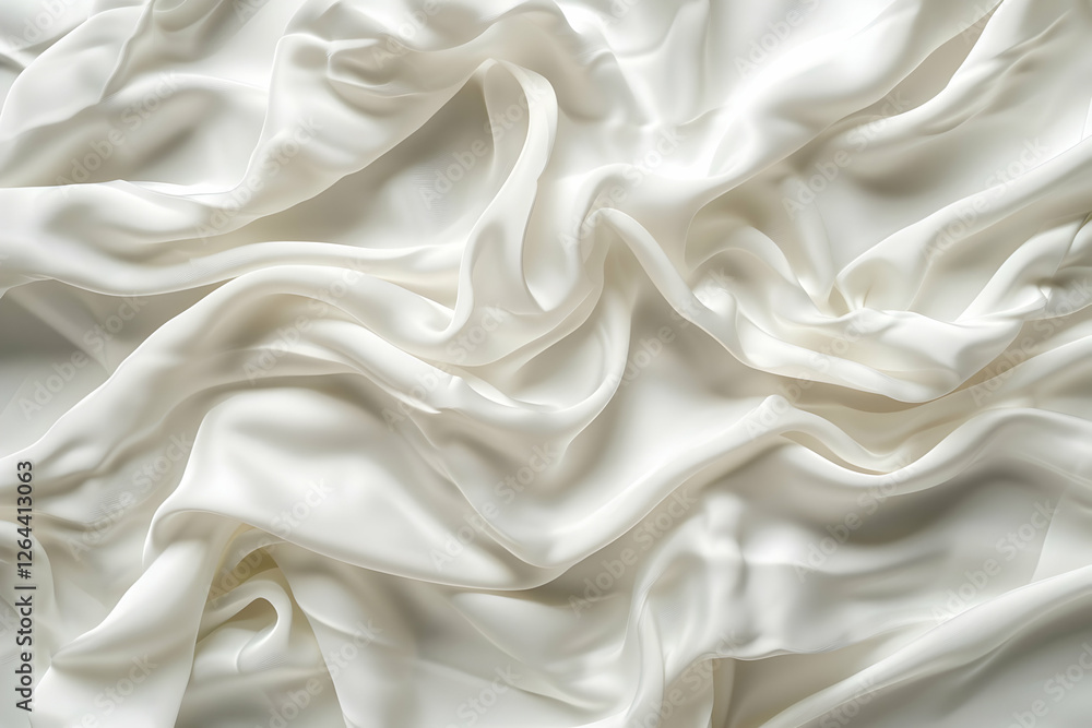Elegant white satin fabric draped and flowing, creating soft textures and shadows, ideal for backgrounds Elegant white satin fabric draped and flowing, creating soft textures and shadows, ideal for backgrounds