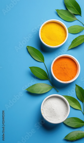 Wallpaper Mural Bright colors of Holi powders in bowls with green leaves on blue background evoke joy and celebration Torontodigital.ca