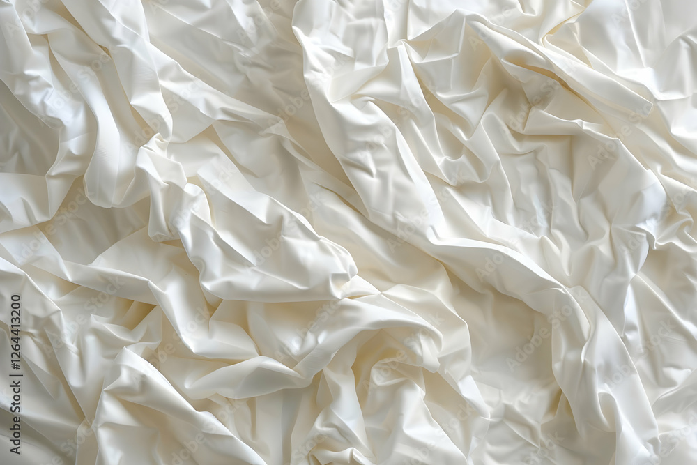 White wrinkled fabric texture showcasing soft folds, ideal for backgrounds and textile design White wrinkled fabric texture showcasing soft folds, ideal for backgrounds and textile design