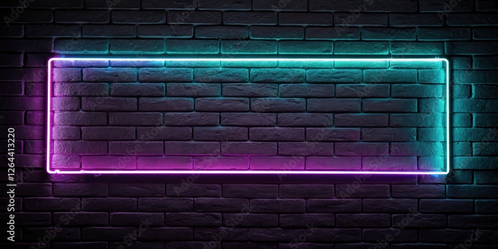 Glowing neon light rectangle frame on a black grunge brick wall Glowing neon light rectangle frame on a black grunge brick wall