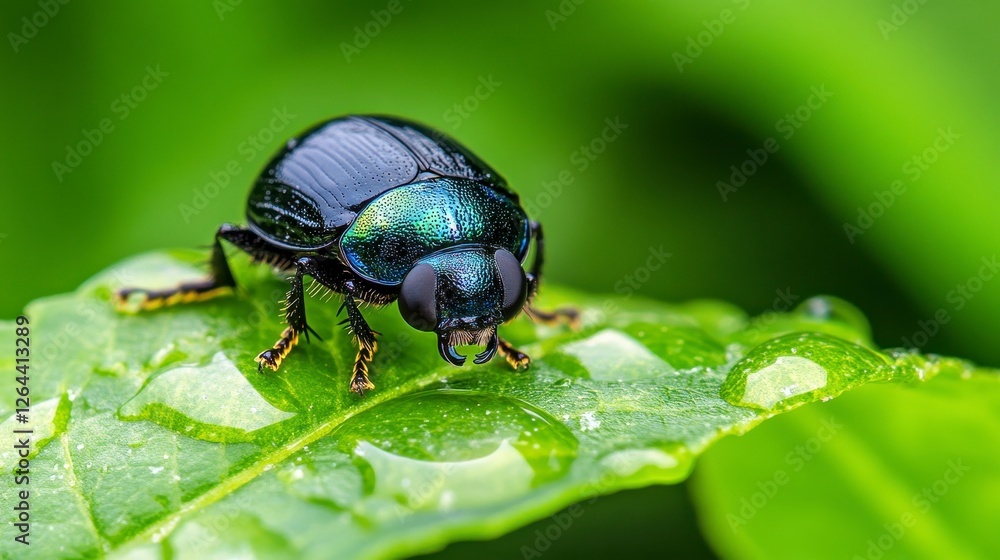 Iridescent Beetle on a Vibrant Green Leaf with Water Droplets in a Macro View Iridescent Beetle on a Vibrant Green Leaf with Water Droplets in a Macro View