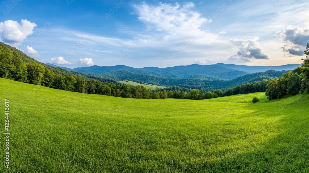 Lush Green Field with Rolling Hills and Distant Mountains Under a Bright Sky Lush Green Field with Rolling Hills and Distant Mountains Under a Bright Sky