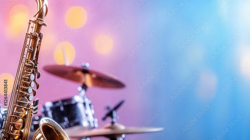 Obraz premium Saxophone and drums on stage, blurred lights