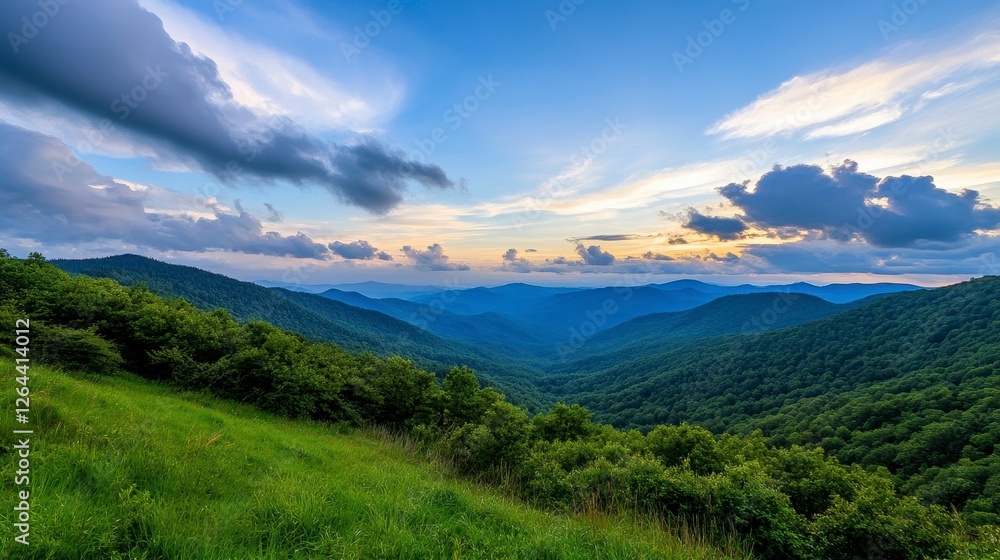 Fototapeta premium Lush Green Mountain Valley with Forested Hillsides under Cloudy Blue Sky