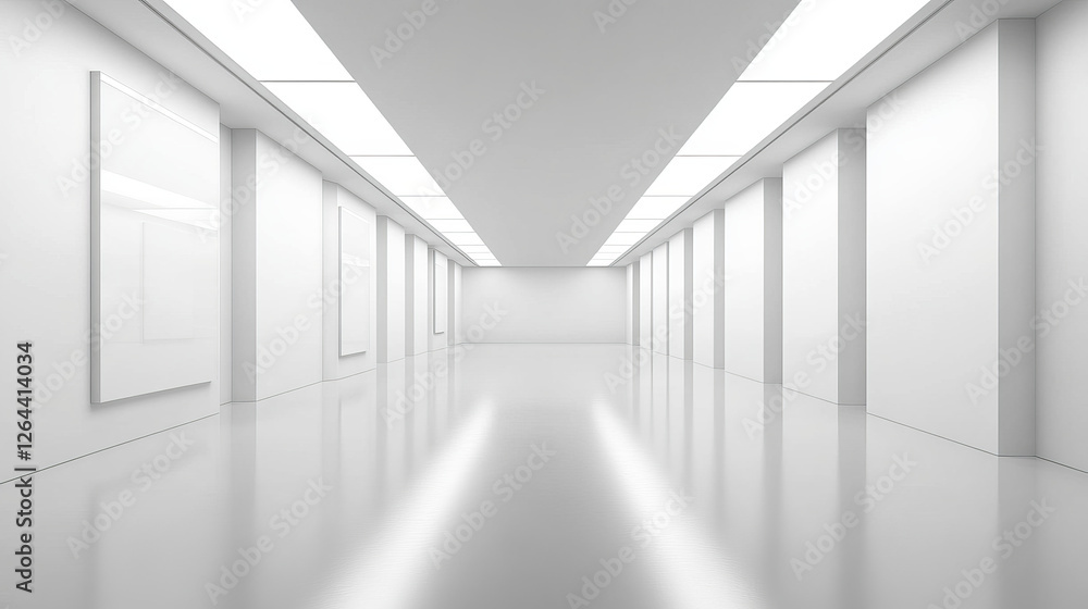 Obraz premium Art gallery empty 3d room with white walls, floor and illumination lamps. Museum interior passages with lights for pictures presentation, photography contest exhibition hall, Realistic vector mock up