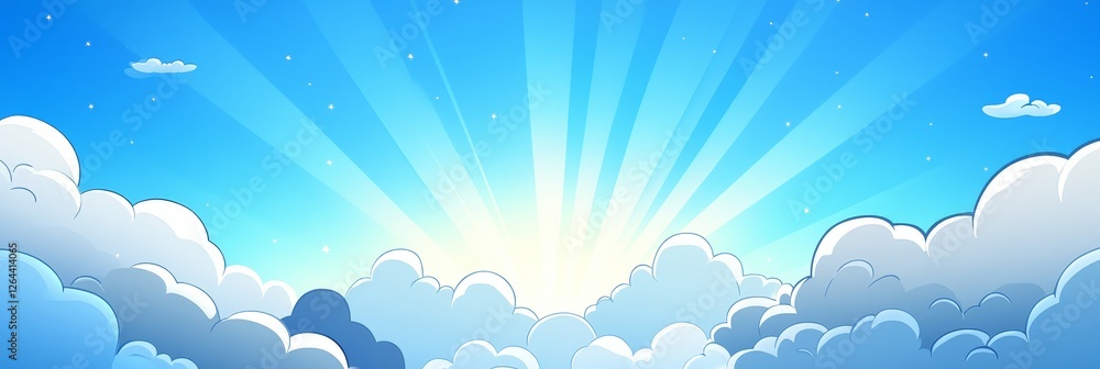 Bright sun rays bursting through fluffy clouds in a vibrant blue sky. Bright sun rays bursting through fluffy clouds in a vibrant blue sky.
