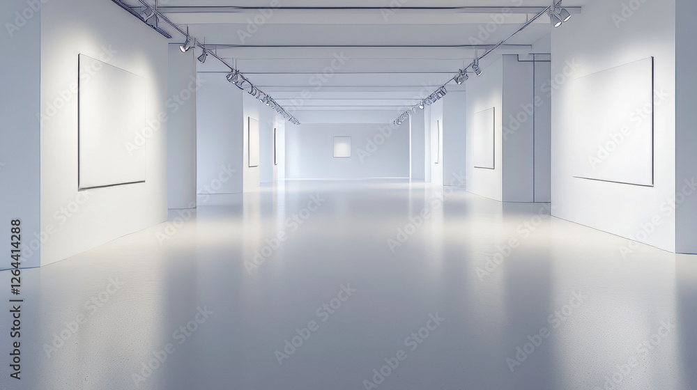 Art gallery empty 3d room with white walls, floor and illumination lamps. Museum interior passages with lights for pictures presentation, photography contest exhibition hall, Realistic vector mock up Art gallery empty 3d room with white walls, floor and illumination lamps. Museum interior passages with lights for pictures presentation, photography contest exhibition hall, Realistic vector mock up