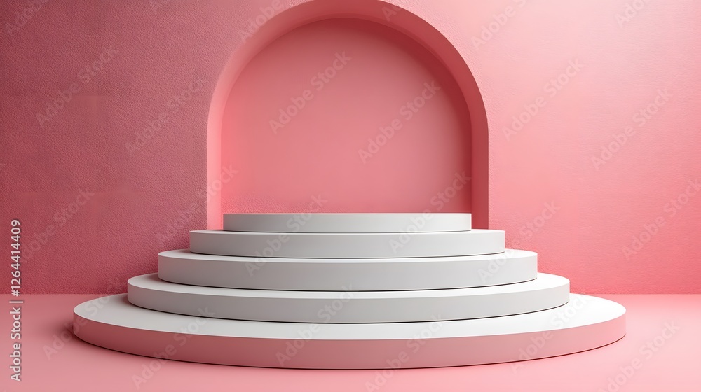 Minimalist display podium with a pink arch backdrop for product showcase Minimalist display podium with a pink arch backdrop for product showcase
