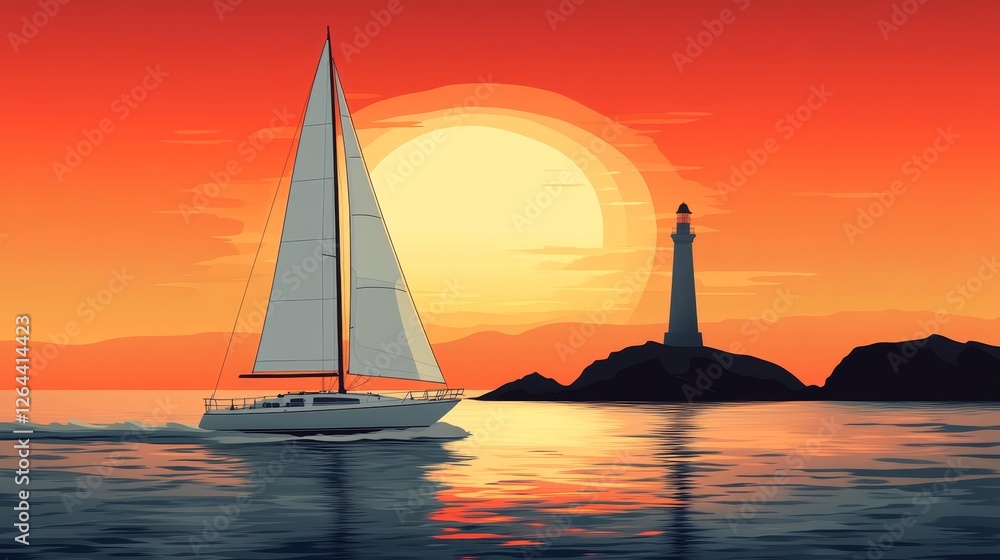 Fototapeta premium Sunset Sailboat Lighthouse Seascape Coastal Ocean Summer Yacht