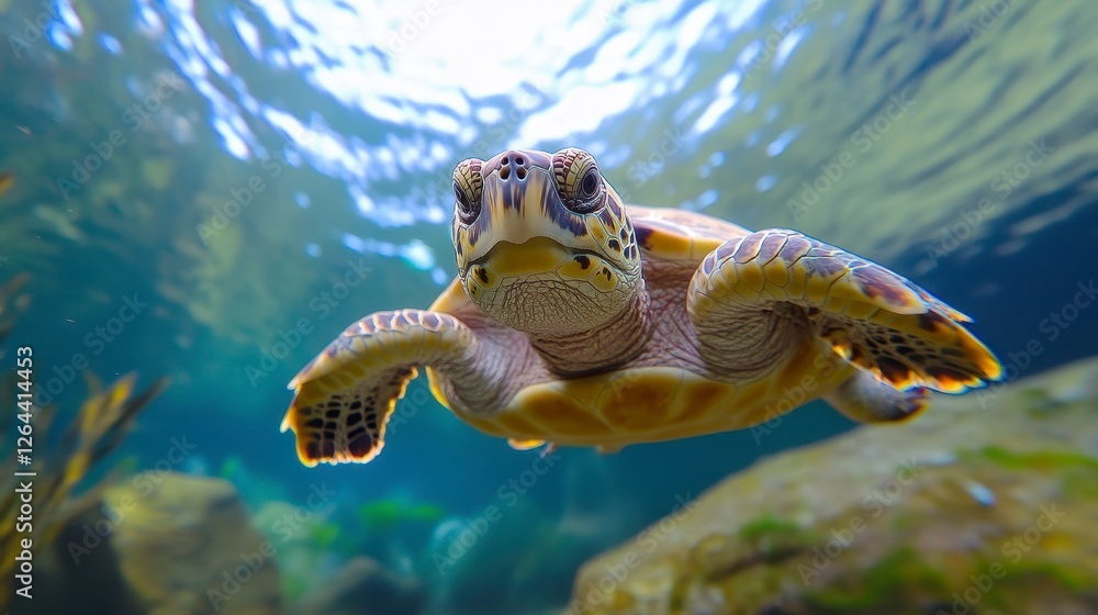 Obraz premium Majestic Sea Turtle Swimming Gracefully Under Clear Blue Ocean Water Reflecting Light