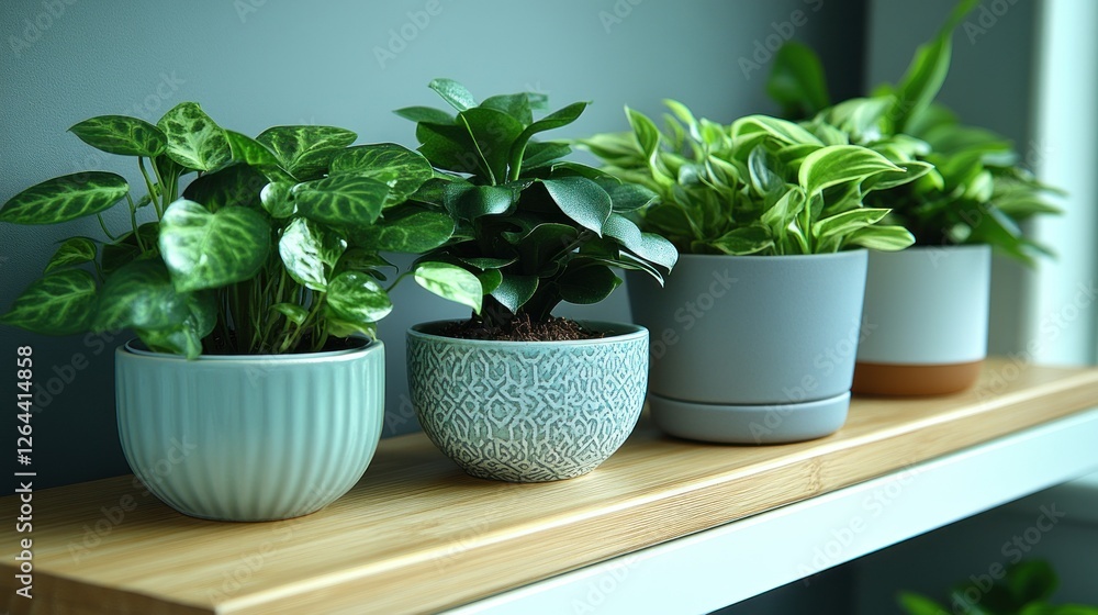 Indoor Plants on Wooden Shelf, Green Houseplants in Stylish Ceramic Pots Indoor Plants on Wooden Shelf, Green Houseplants in Stylish Ceramic Pots