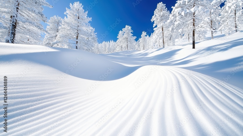 Obraz premium Tranquil Winter Wonderland: Scenic Snow-Covered Pine Forest Bathed in Soft Sunlight