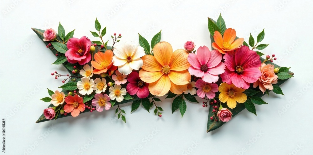 Whimsical arrow made of flowers and leaves , colorful, abstract, nature Whimsical arrow made of flowers and leaves , colorful, abstract, nature