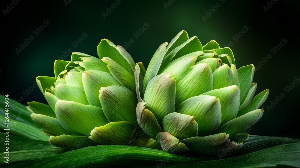 Close-up View of Fresh Artichokes Surrounded by Lush Green Leaves on Dark Background Close-up View of Fresh Artichokes Surrounded by Lush Green Leaves on Dark Background