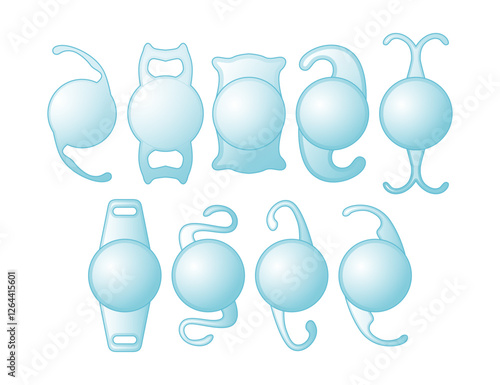 Different types of intraocular lens (IOL) set collection, artificial lens, Cataract surgery, restore your vision. Corrective eyewear. Intraocular Lens Dislocation, isolated on white background.