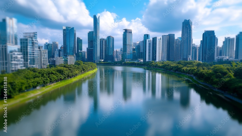Scenic Cityscape with Modern Architecture Trees and Serene River Reflection Under Cloudy Blue Sky Scenic Cityscape with Modern Architecture Trees and Serene River Reflection Under Cloudy Blue Sky