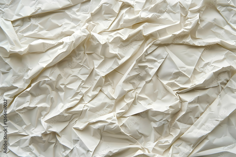 Obraz premium Crumpled white paper texture showcasing intricate folds and shadows, ideal for backgrounds or designs (1)