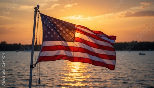 Fototapeta Naklejka Na Ścianę i Meble -  American Flag Waves at Sunset Over Calm Water, Patriotic Scene