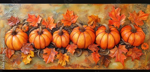 Thanksgiving theme with pumpkins and autumn leaves, vibrant and warm, encapsulating joy.