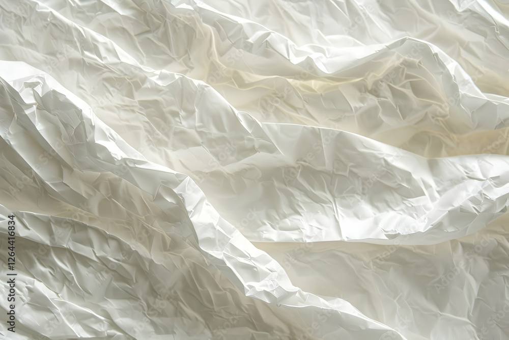 Fototapeta premium Crumpled white paper texture showcasing intricate folds and shadows, ideal for backgrounds or designs (1)