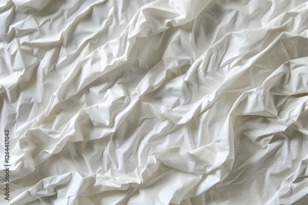 Textured white crumpled fabric background with soft folds, ideal for design and textile applications Textured white crumpled fabric background with soft folds, ideal for design and textile applications