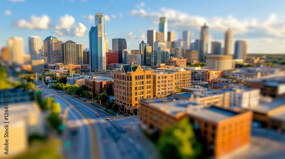 Fototapeta premium Tilt Shift Aerial View of a Vibrant Cityscape with Modern Skyscrapers and Infrastructure