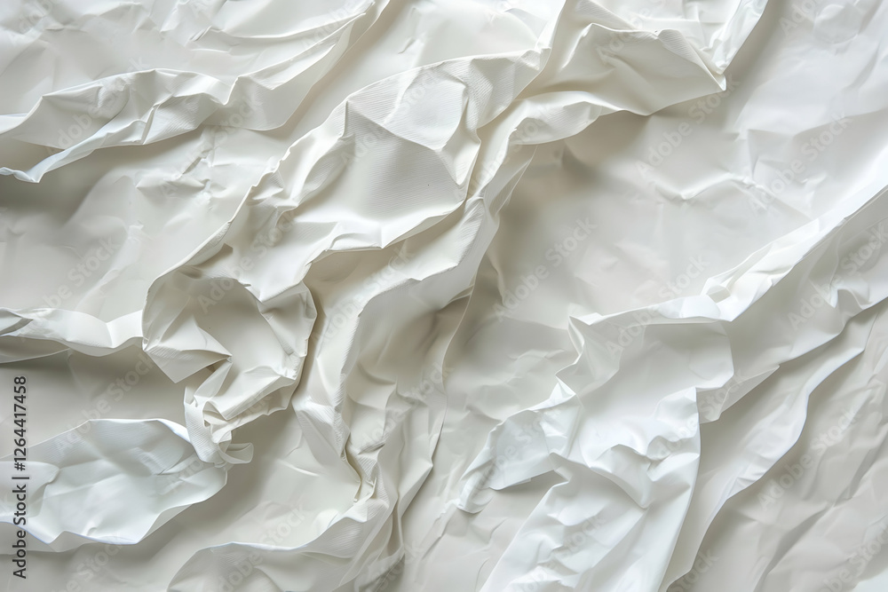 Obraz premium Crumpled white paper texture showcasing intricate folds and shadows for design use