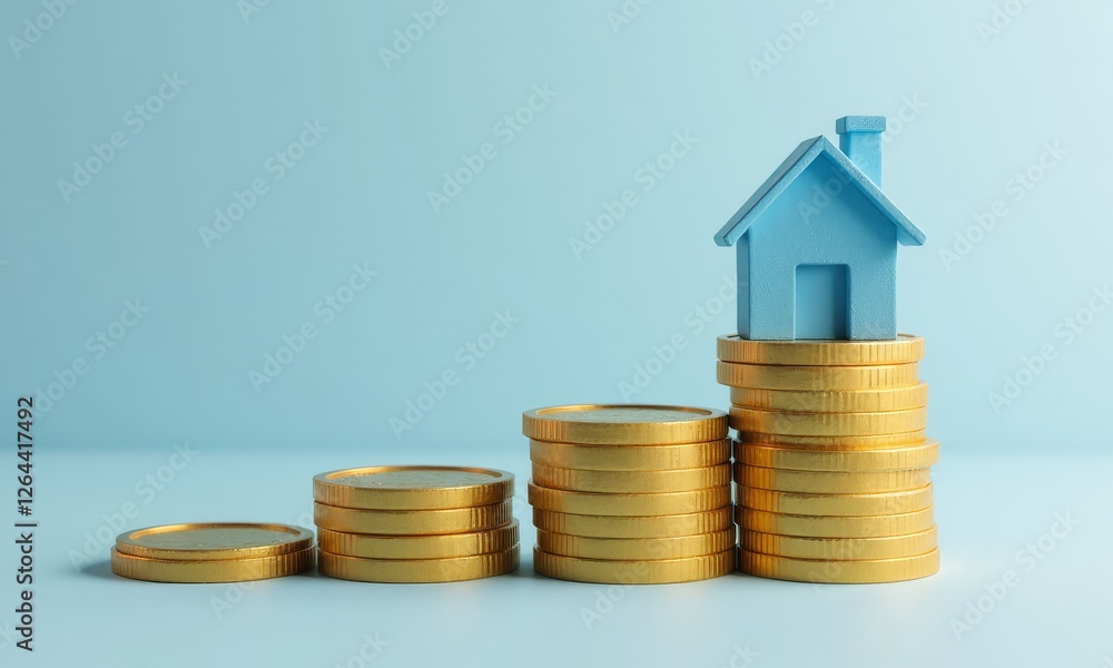 Blue toy house atop increasing gold coin stacks