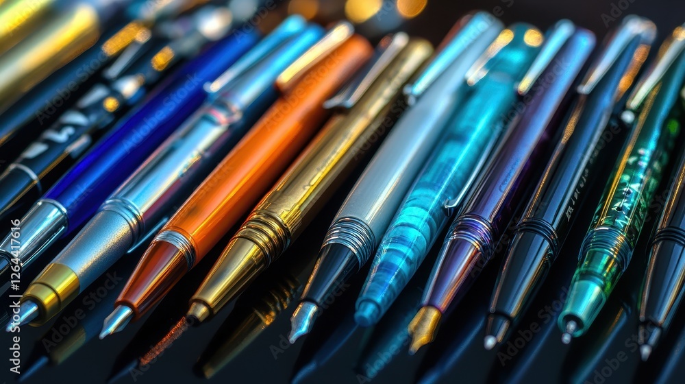 Fototapeta premium Colorful Assortment of Writing Pens on a Reflective Surface