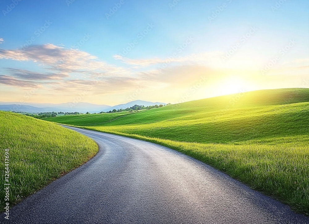 Scenic road winding through green hills at sunset, with a bright sun and blue sky above Scenic road winding through green hills at sunset, with a bright sun and blue sky above
