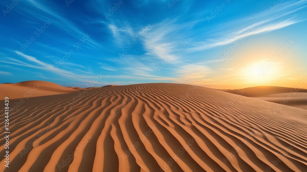 Naklejka premium Voxel Style Desert Landscape with Rolling Sand Dunes and Bright Sunlight under Blue Sky