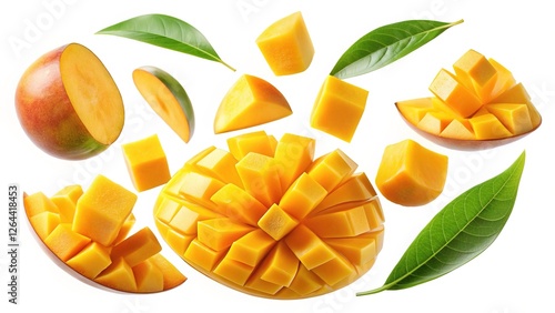 Fresh Mango Cubes with Pieces and Leaves - Various pieces of fresh mango sliced into cubes, with some sections and green leaves scattered around.

