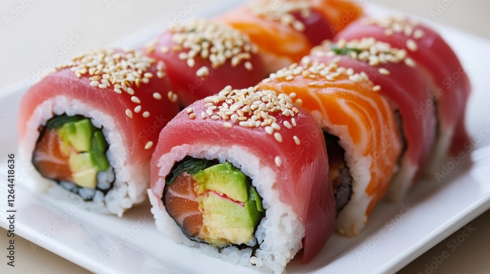 A fresh and colorful rainbow sushi roll with tuna, salmon, avocado, and sesame seeds, elegantly presented on a white plate, neutral background A fresh and colorful rainbow sushi roll with tuna, salmon, avocado, and sesame seeds, elegantly presented on a white plate, neutral background