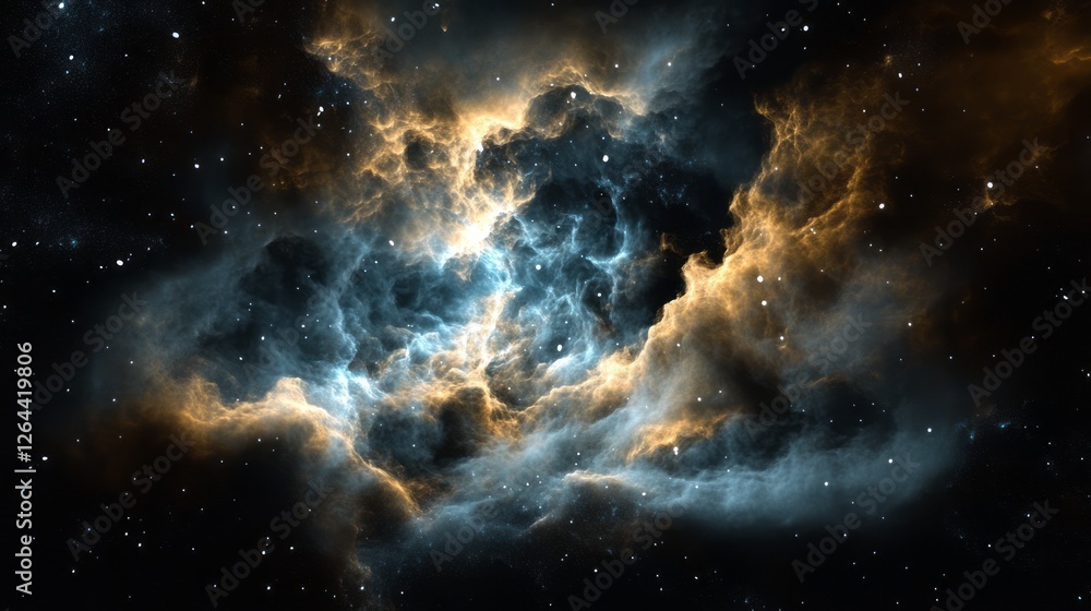 Fototapeta premium A nebula in space, glowing with blue and gold hues, surrounded by stars. The cloud of gas is dense and swirling around the center, creating an ethereal atmosphere. 